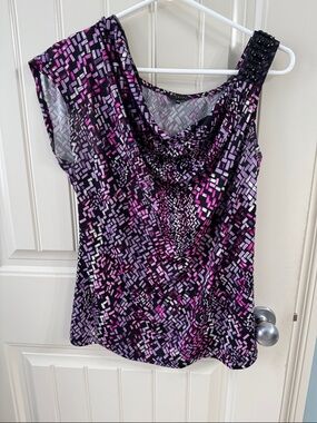 Cowl Neck Geometric Print One-Shoulder Blouse - Pink & Black